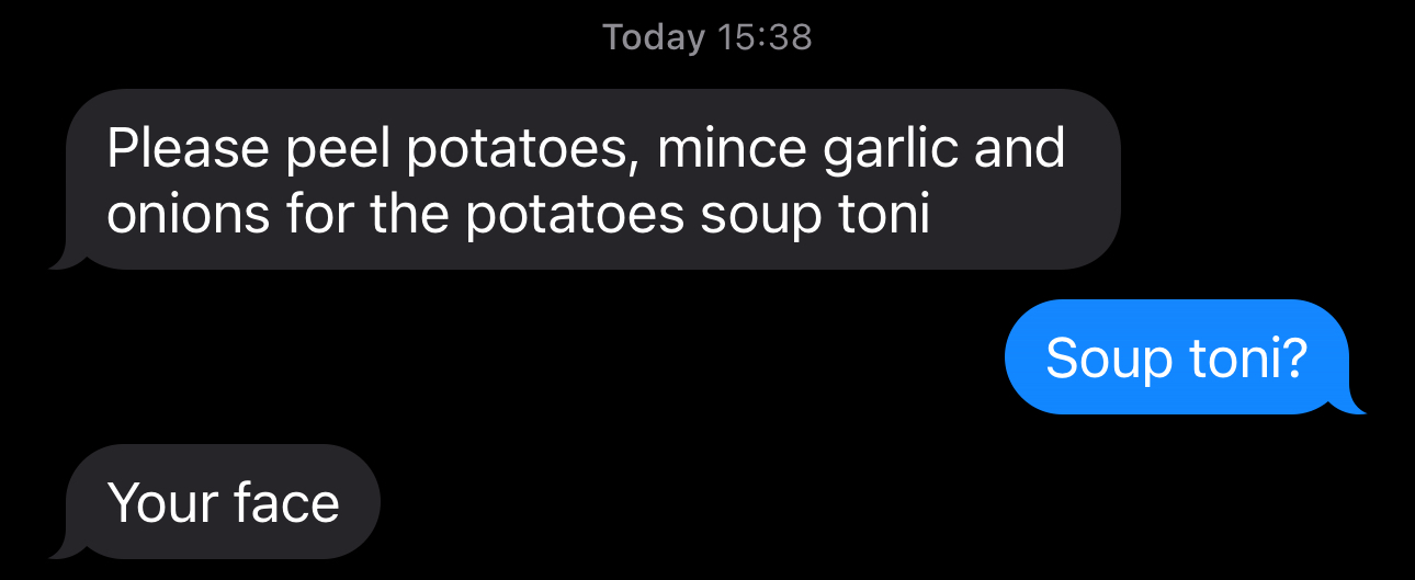Kim’s message telling me to prepare the ingredients she will cook.