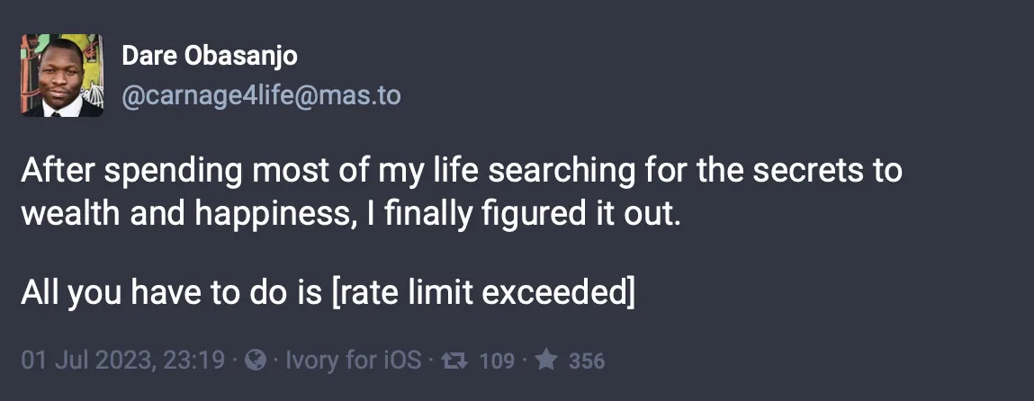Screenshot of a toot making fun of Twitter&rsquo;s rate limiting measure.