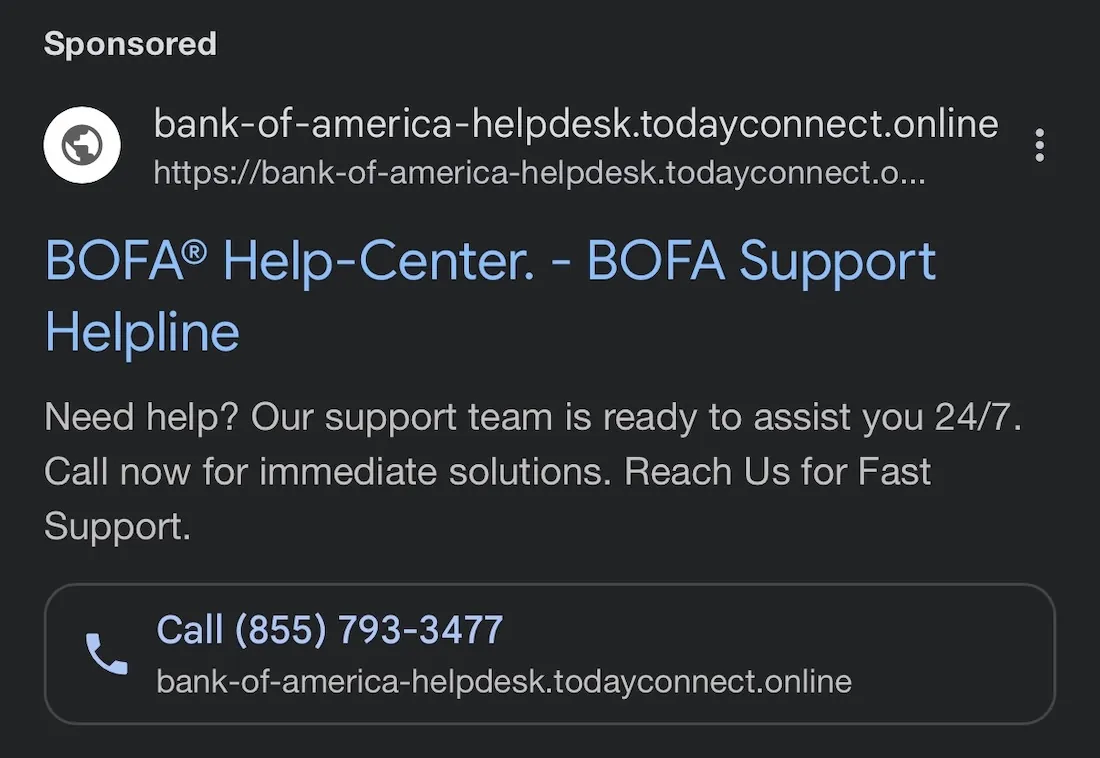 &ldquo;First result of Google when searching for BofA number.&rdquo;