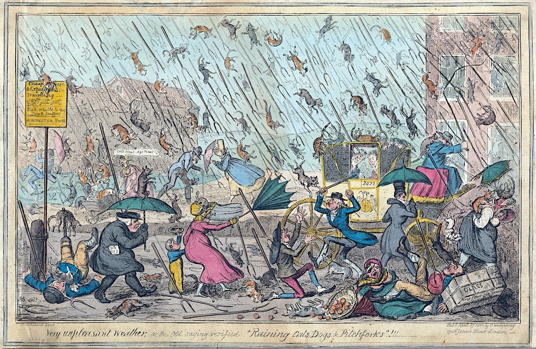 “Raining cats and dogs.”